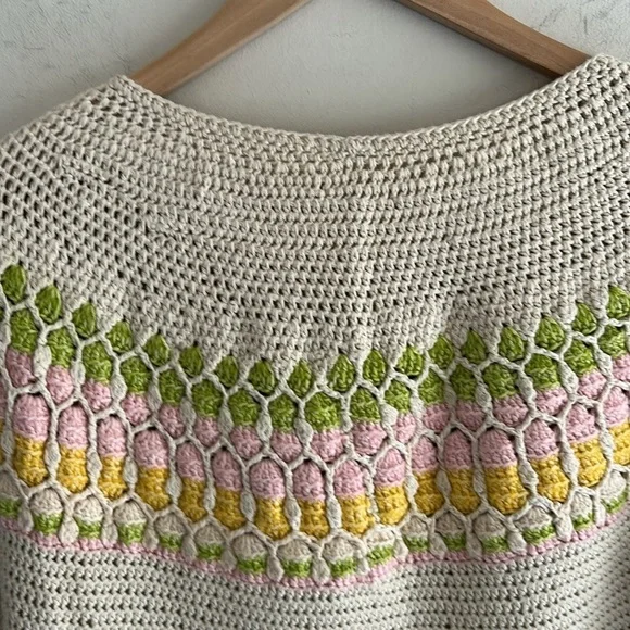 Cream Multi Color Crochet Cotton Crew Neck Sweater Women's Size LG - Picture 10 of 11